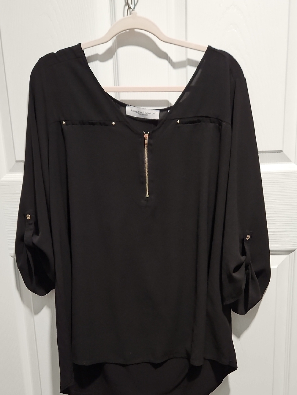 Tempted Hearts Black Zip-Front Roll-Sleeve Blouse